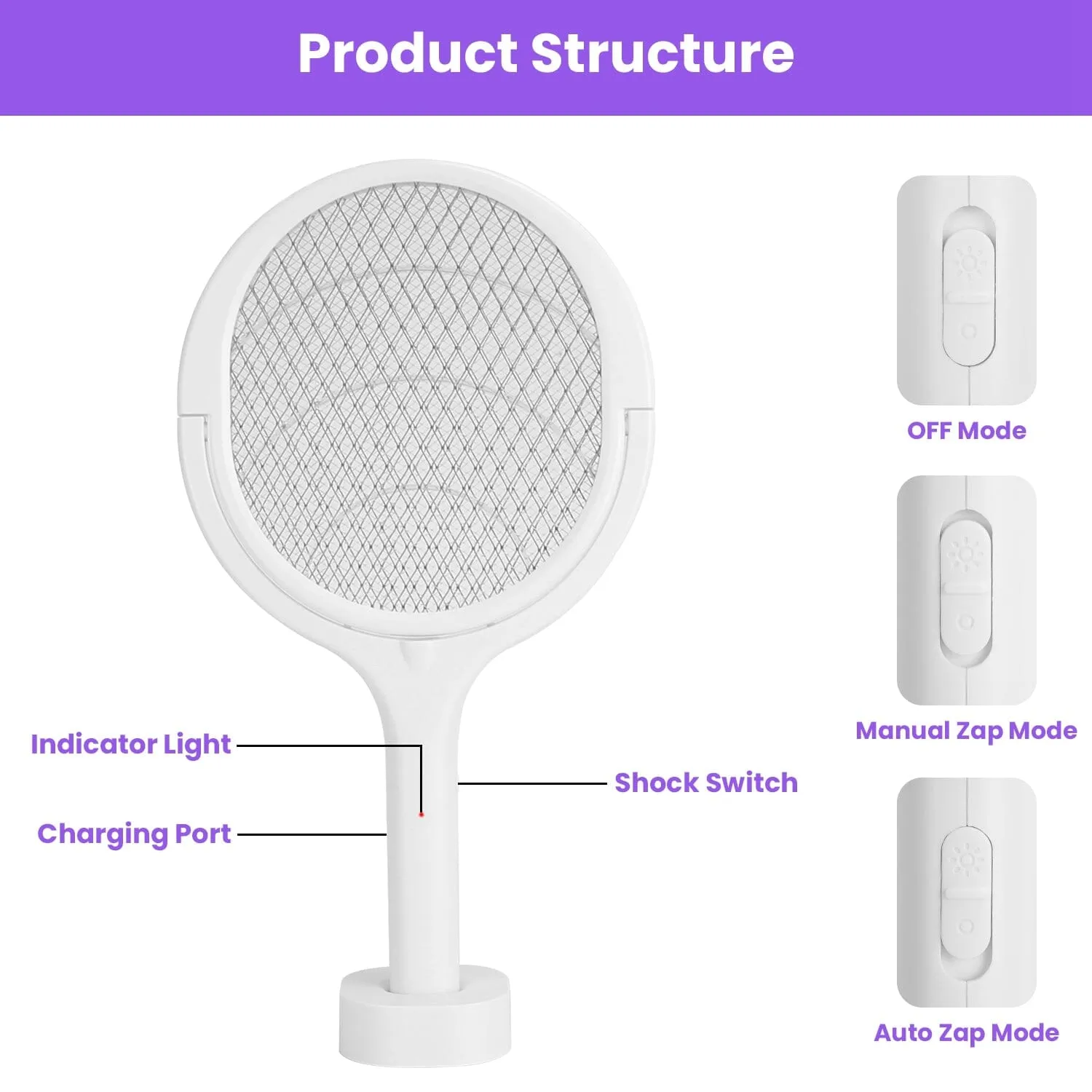 3-in-1 90º Rotating Electric Bug Zapper Racket