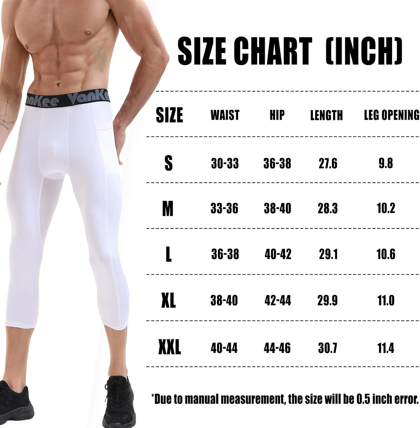 3/4 Men's Compression Pants Leggings with Pockets Quick Dry Workout Athletic Baselayer Bottoms Running Tights