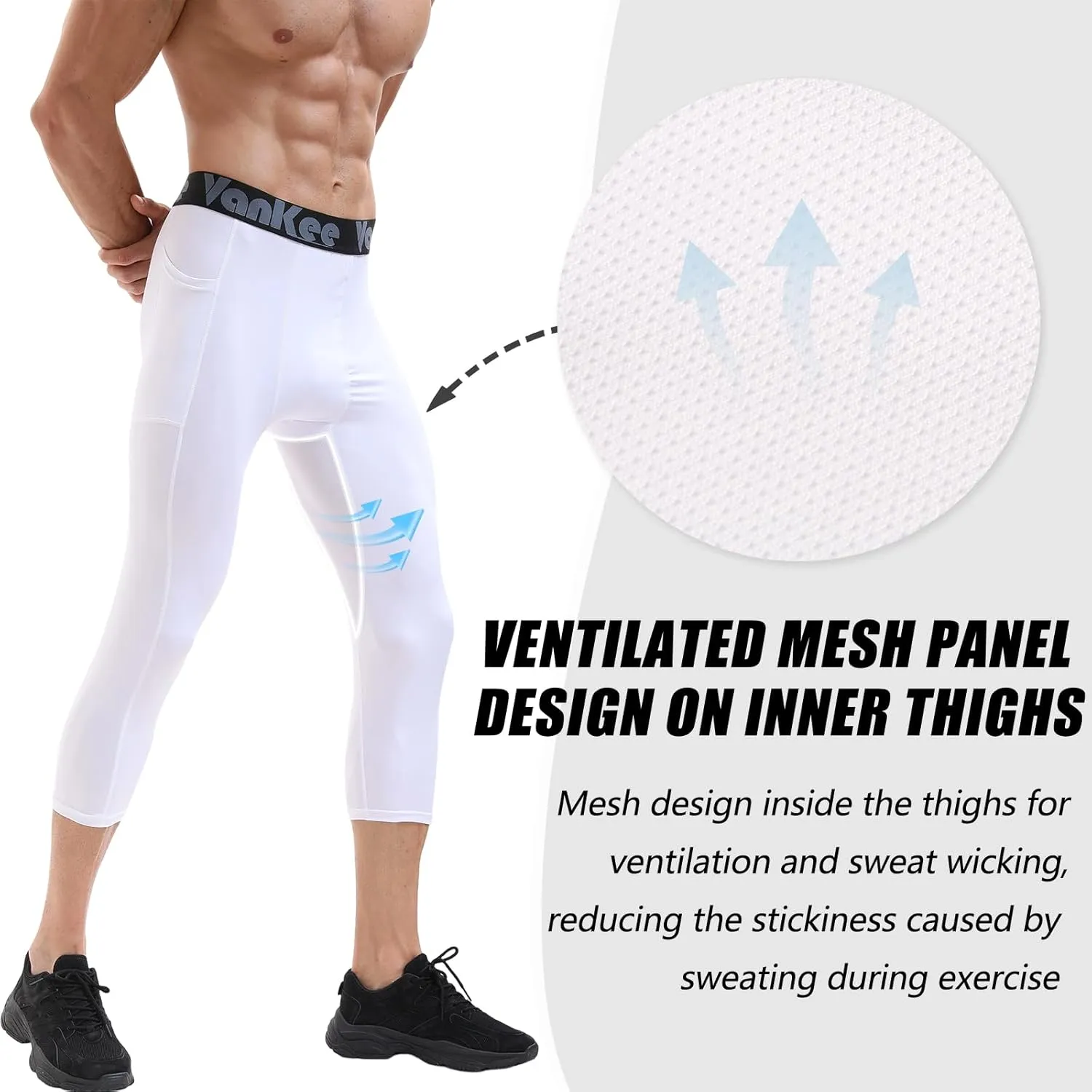 3/4 Men's Compression Pants Leggings with Pockets Quick Dry Workout Athletic Baselayer Bottoms Running Tights