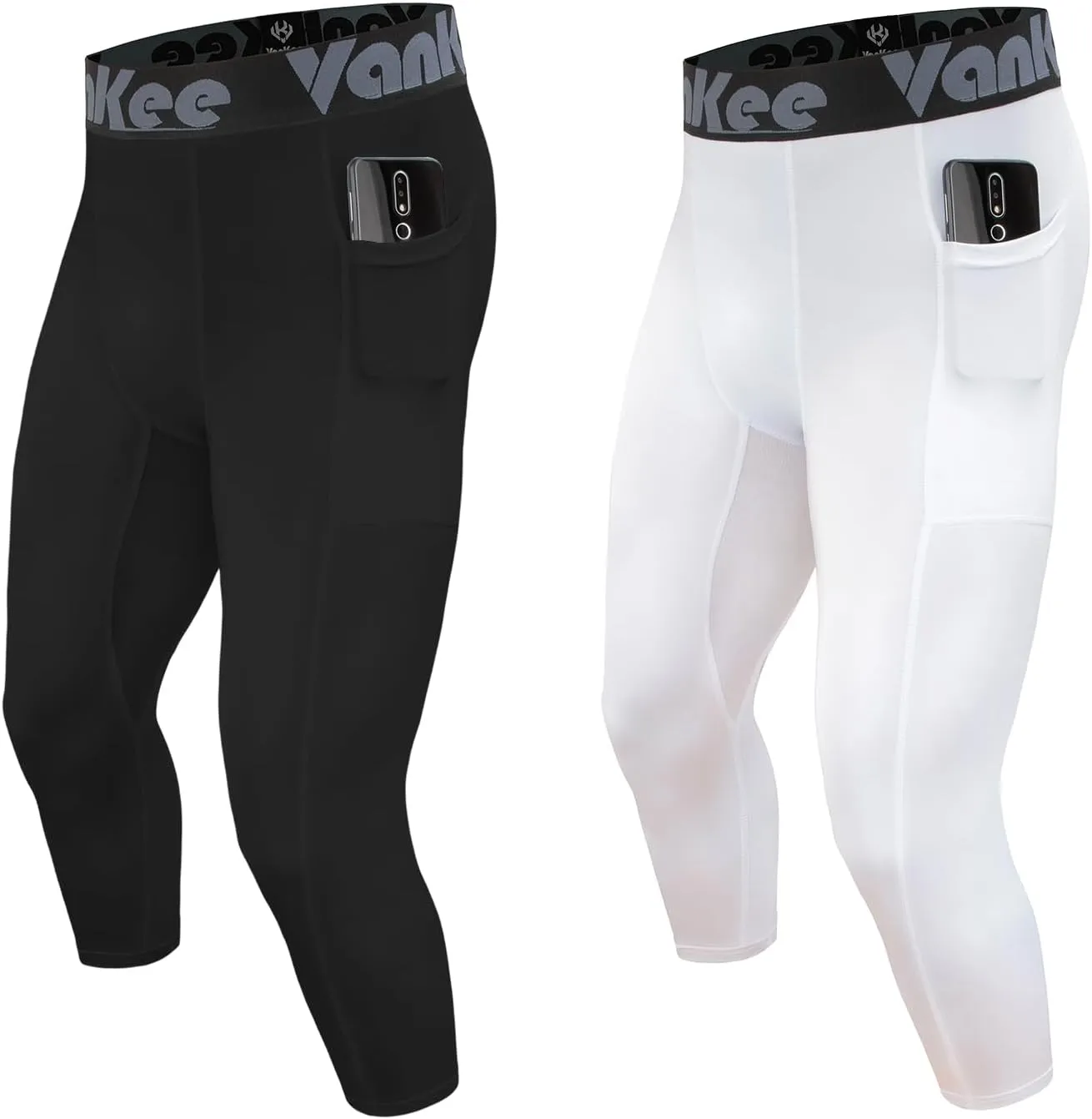 3/4 Men's Compression Pants Leggings with Pockets Quick Dry Workout Athletic Baselayer Bottoms Running Tights