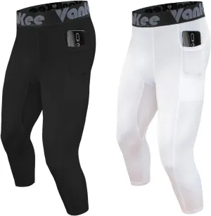 3/4 Men's Compression Pants Leggings with Pockets Quick Dry Workout Athletic Baselayer Bottoms Running Tights