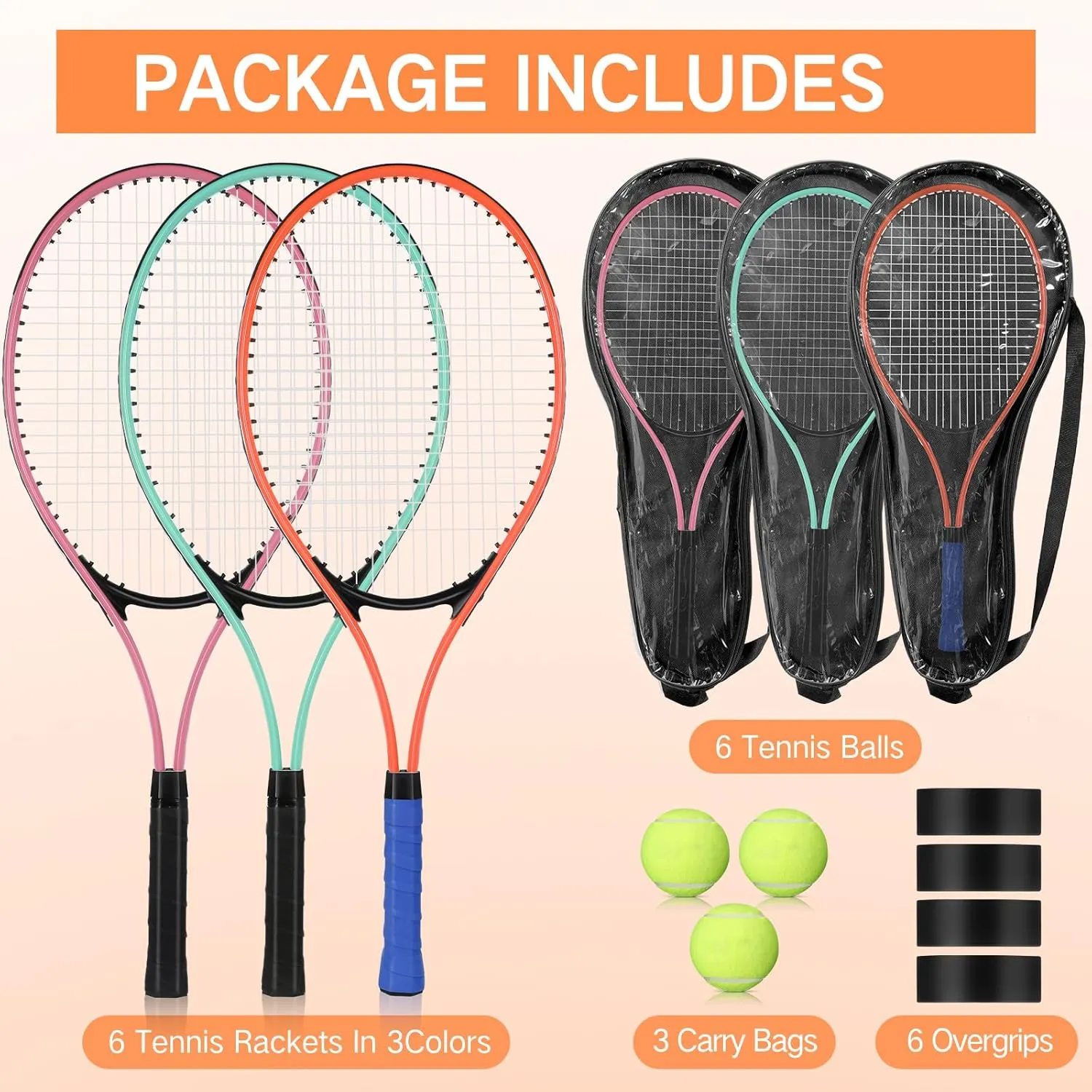 6 Pcs Tennis Rackets for Adult Recreational 6 Players 27'' Tennis Racket Set with 3 Balls Lightweight Tennis Rackets for Tennis Training Beginner with Overgrip and Bag