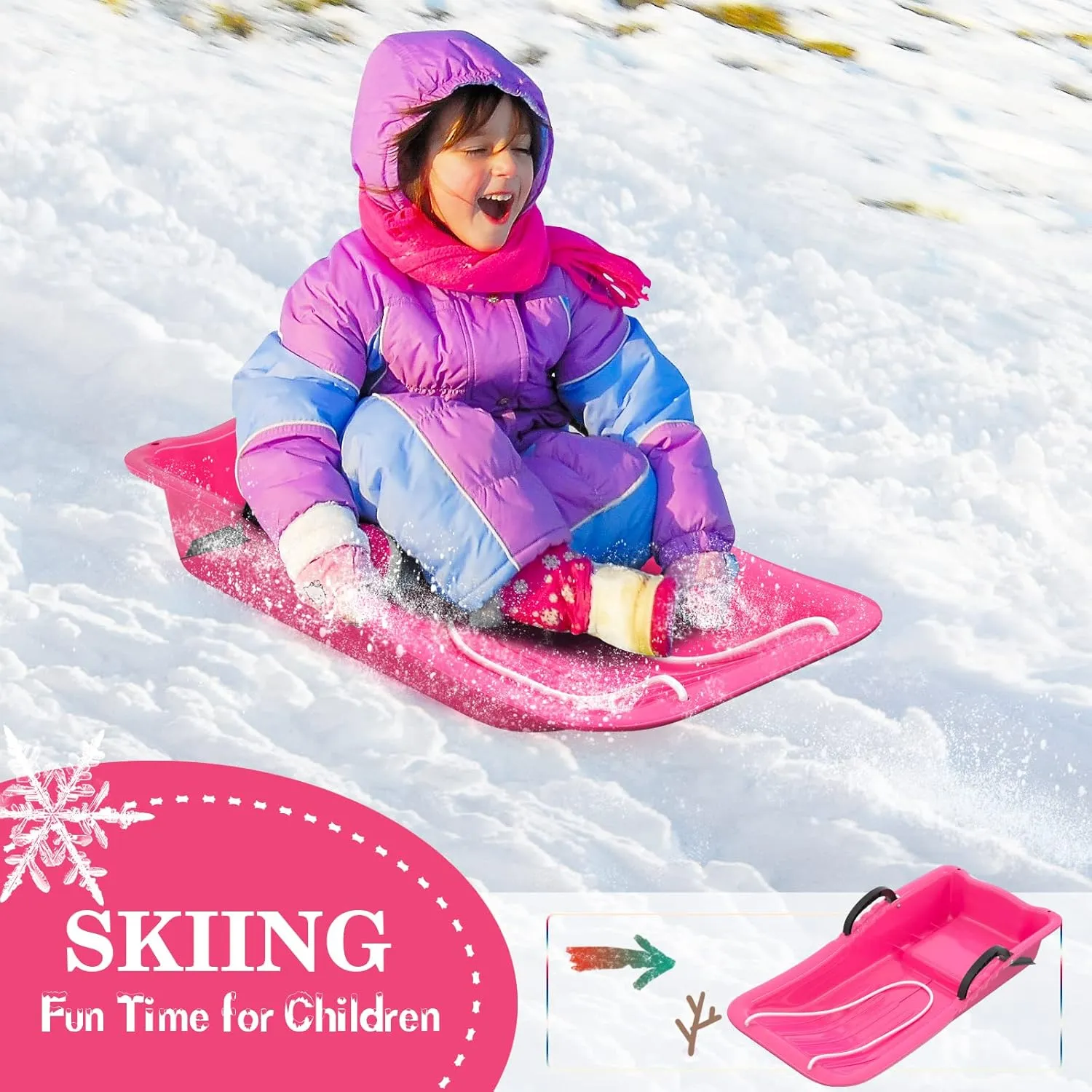 AGPTEK 31 Inch Durable Downhill Sprinter Toboggan Snow Sled for Kids Boys Girls Adults with Built-in Handles and Pulling Rope