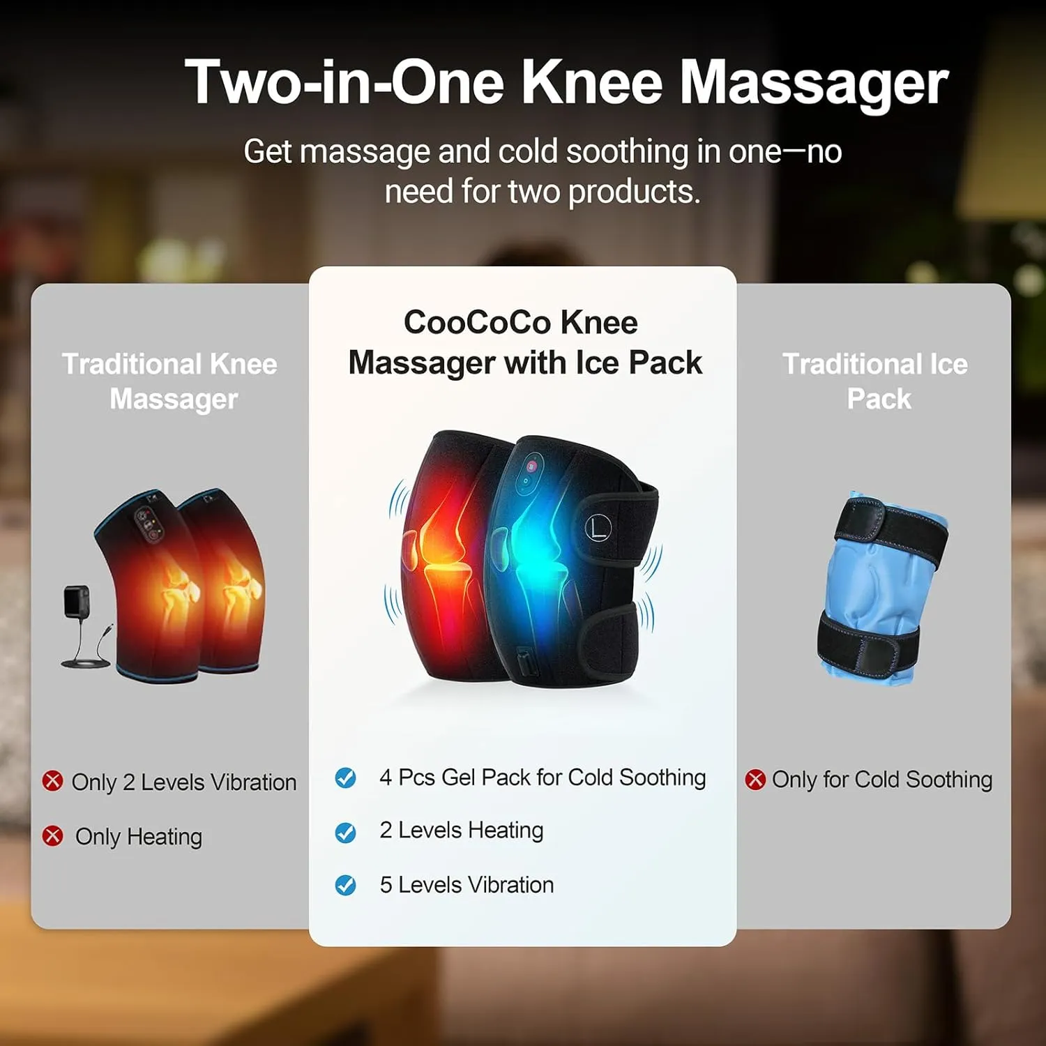 CooCoCo Knee Massager with Heat/Cold, Heating Pad for Knee Pain Relief, Gifts for Men Women Dad Mom, Heated Knee Warmers Wrap with Vibration