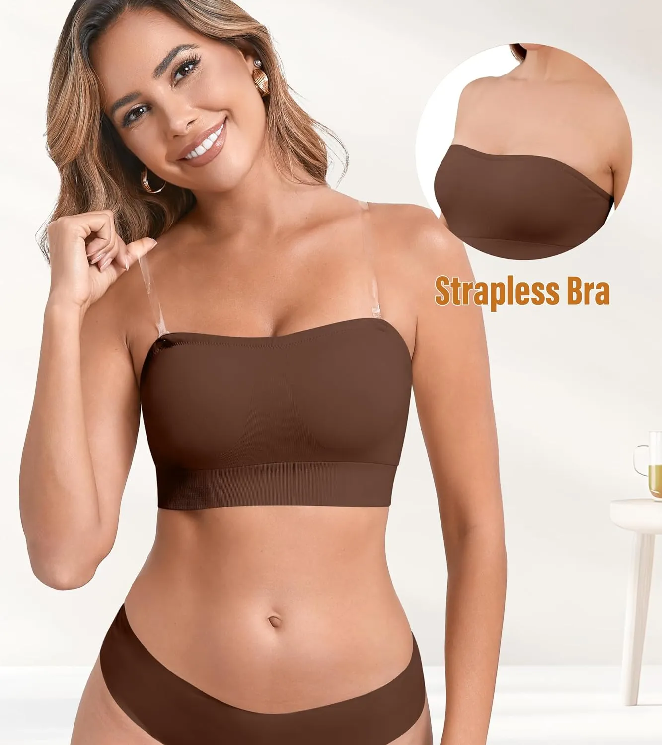 DEANGELMON Strapless Bras for Women Comfort Non-Slip Seamless Padded Bralette Clear Straps Wireless Tube Top Bra
