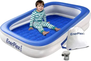 EnerPlex Kids Inflatable Travel Bed with High Speed Pump, Portable Blow up Toddler Air Mattress with Sides  Built-in Safety Bumper - Blue