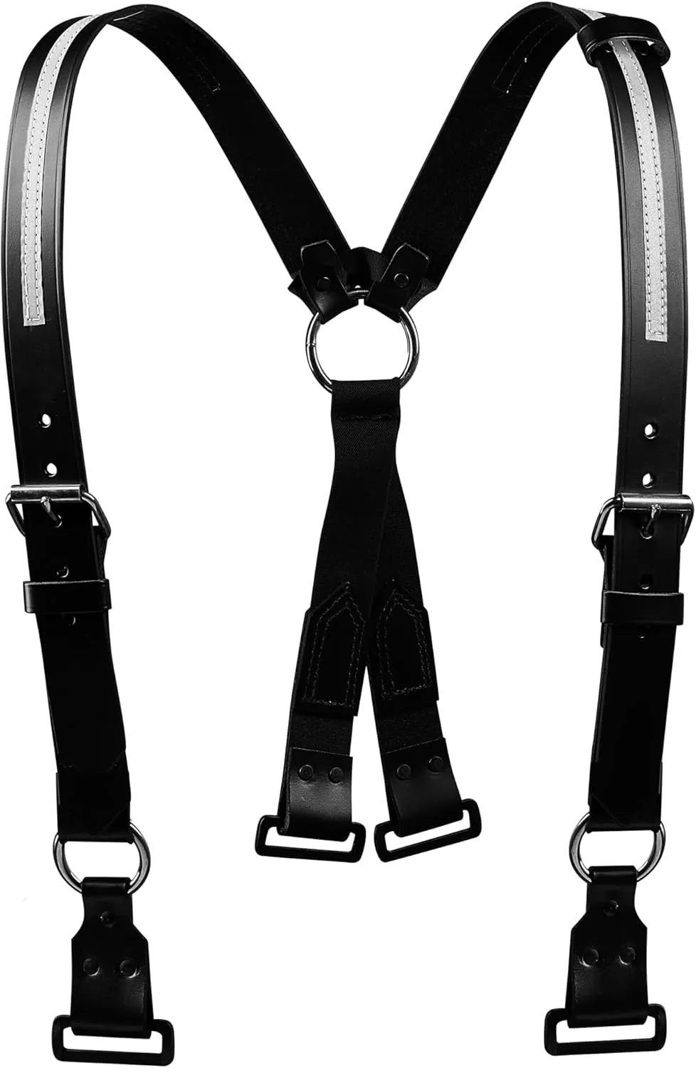 Firefighter Leather Suspenders with Loop with ABS Ring Attachment 4-Point Connection with Adjustable Straps