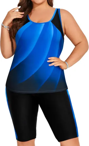Hanna Nikole Women's Plus Size Tummy Control Tankini Swimsuits Color Block Bathing Suits with Shorts Knee Length