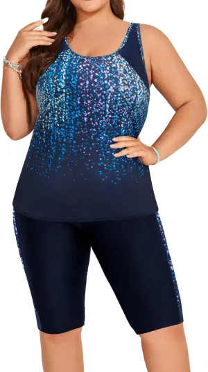 Hanna Nikole Women's Plus Size Tummy Control Tankini Swimsuits Color Block Bathing Suits with Shorts Knee Length