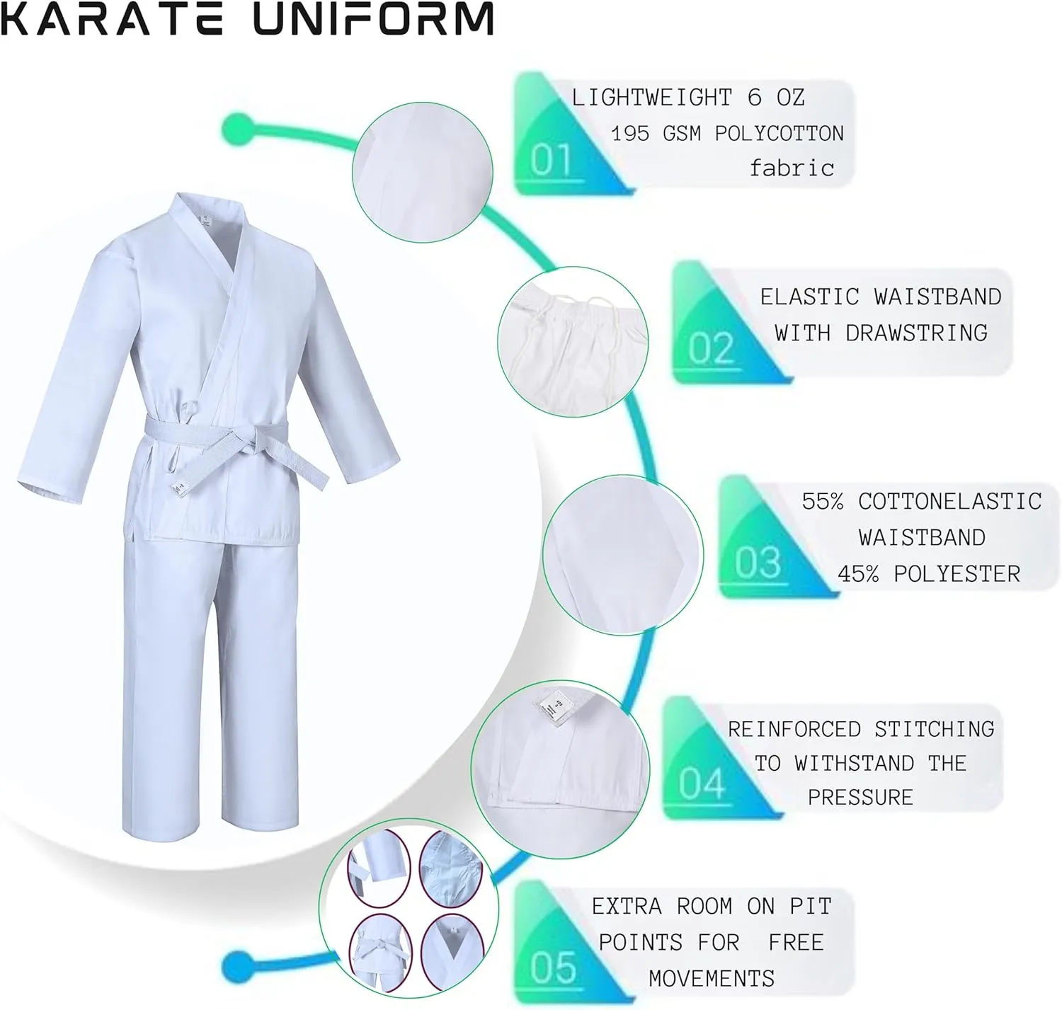 MACS Karate gi Martial Arts Elastic Drawstring Karate Uniform For Kids & Adult Lightweight Student Gi with Free Belt