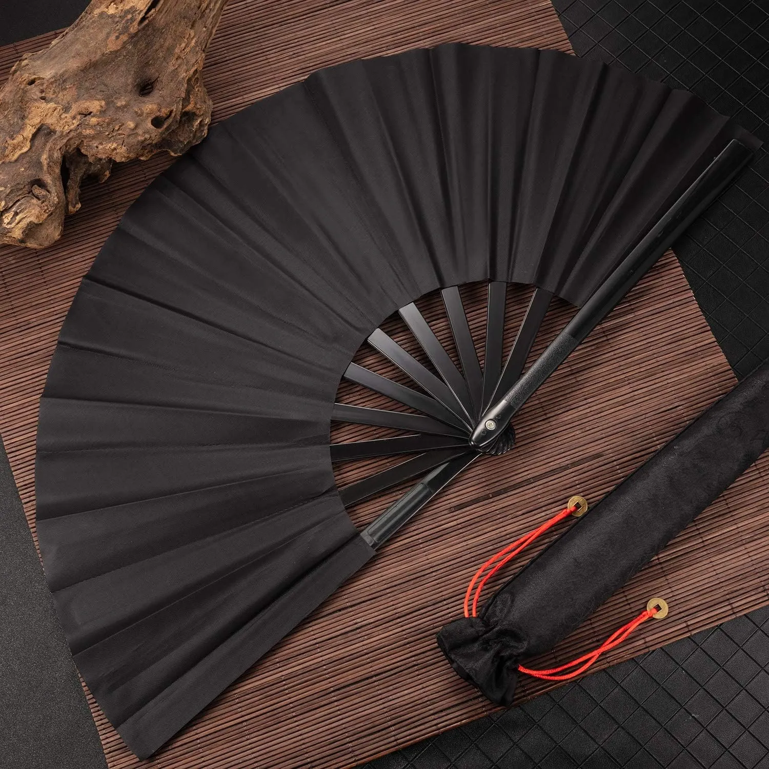 Maitys Large Clap Fans for Line Dancing Large Chinese Folding Hand Fans for Men and Women, Festival, Tai Ji, Kungfu, Martial Art, Gifts(Black,2 Packs)
