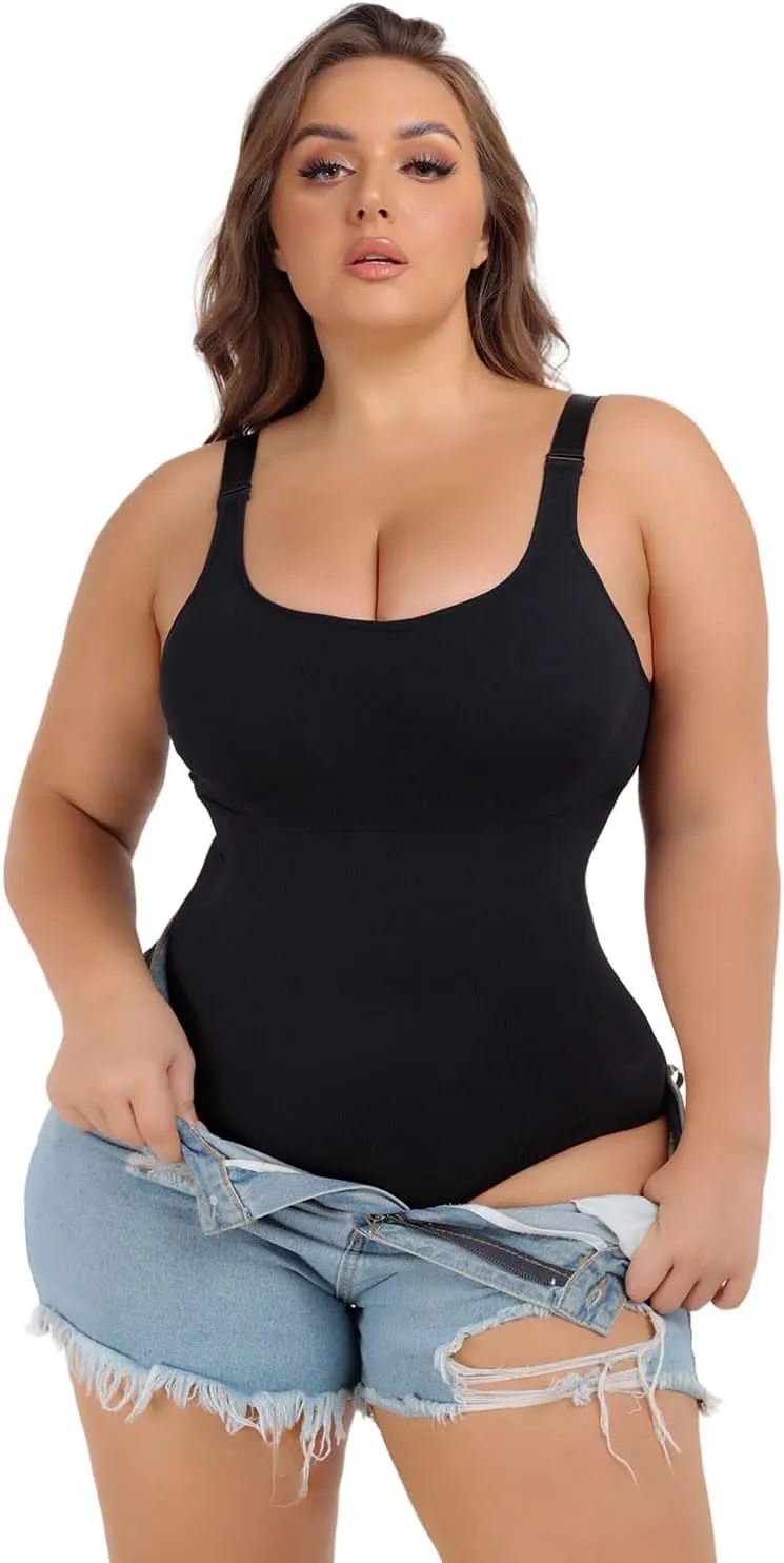 Plus Size Bodysuit Tummy Control Sleeveless Tank Top Built in Bust Support Black Shapewear for Curvy Women