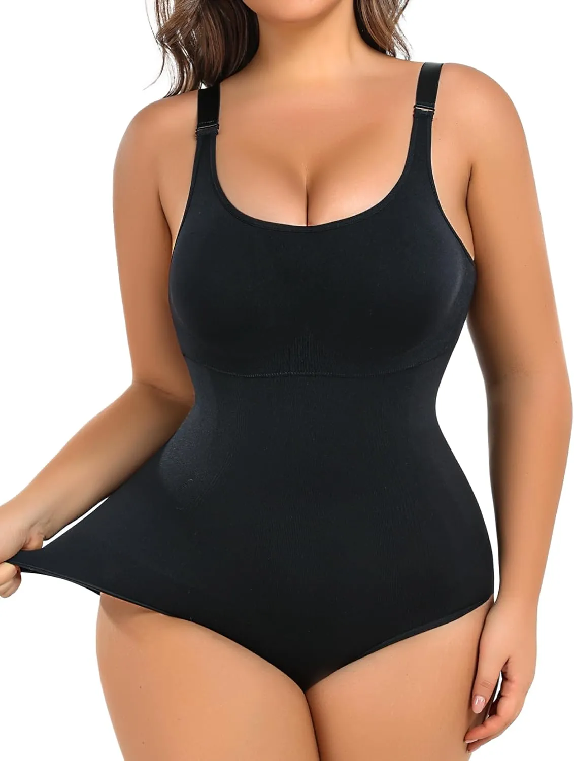 Plus Size Bodysuit Tummy Control Sleeveless Tank Top Built in Bust Support Black Shapewear for Curvy Women
