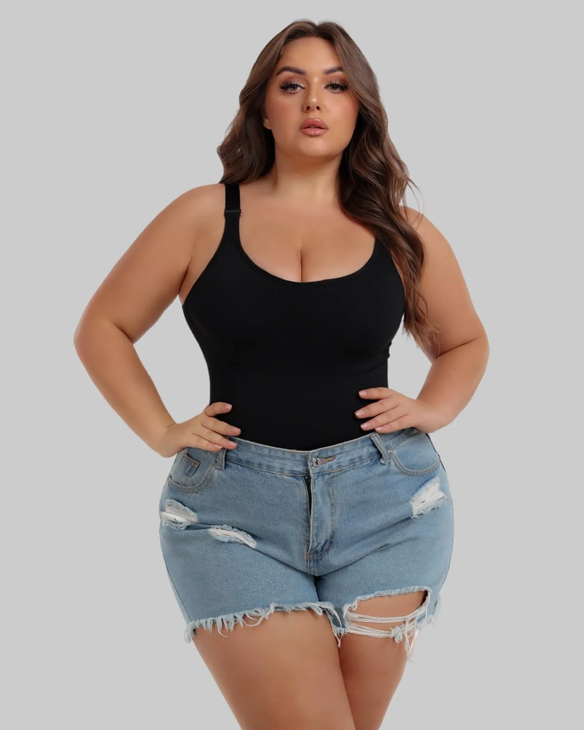 Plus Size Bodysuit Tummy Control Sleeveless Tank Top Built in Bust Support Black Shapewear for Curvy Women