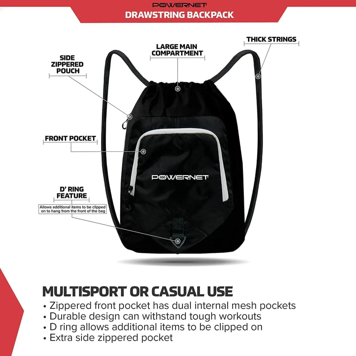 PowerNet Deluxe 2.0 Drawstring Backpack, Large Main Pocket with Zippered Pockets, Durable Drawstring Bag, Perfect Travel or Sports Bag with Cinch Close Straps