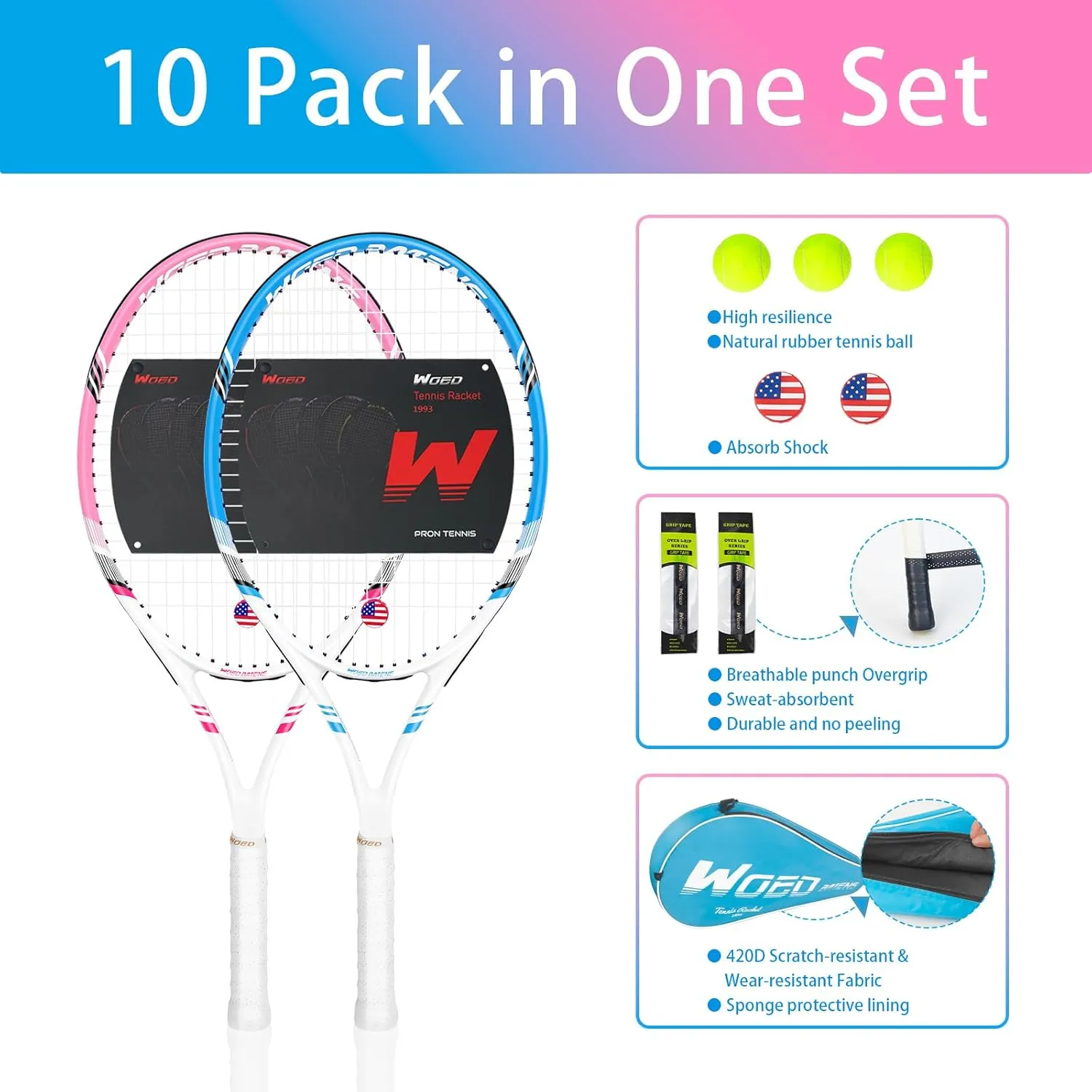 Pro Tennis Racket for Adults, 2 Player 27 inch Speed Tennis Racquet Acceptable for Beginner and Professional with 3 Tennis Balls, 2 Vibration Dampes, 2 Overgrips, Tennis Bag