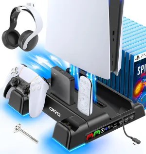 PS5/Slim/Pro Stand and Cooling Station with LED Controller Charging Station for PlayStation 5 Console, Controller Charger, Cooling Stand, PS5/Slim/Pro Accessories Kit with 3 Level Cooling Fan - Black