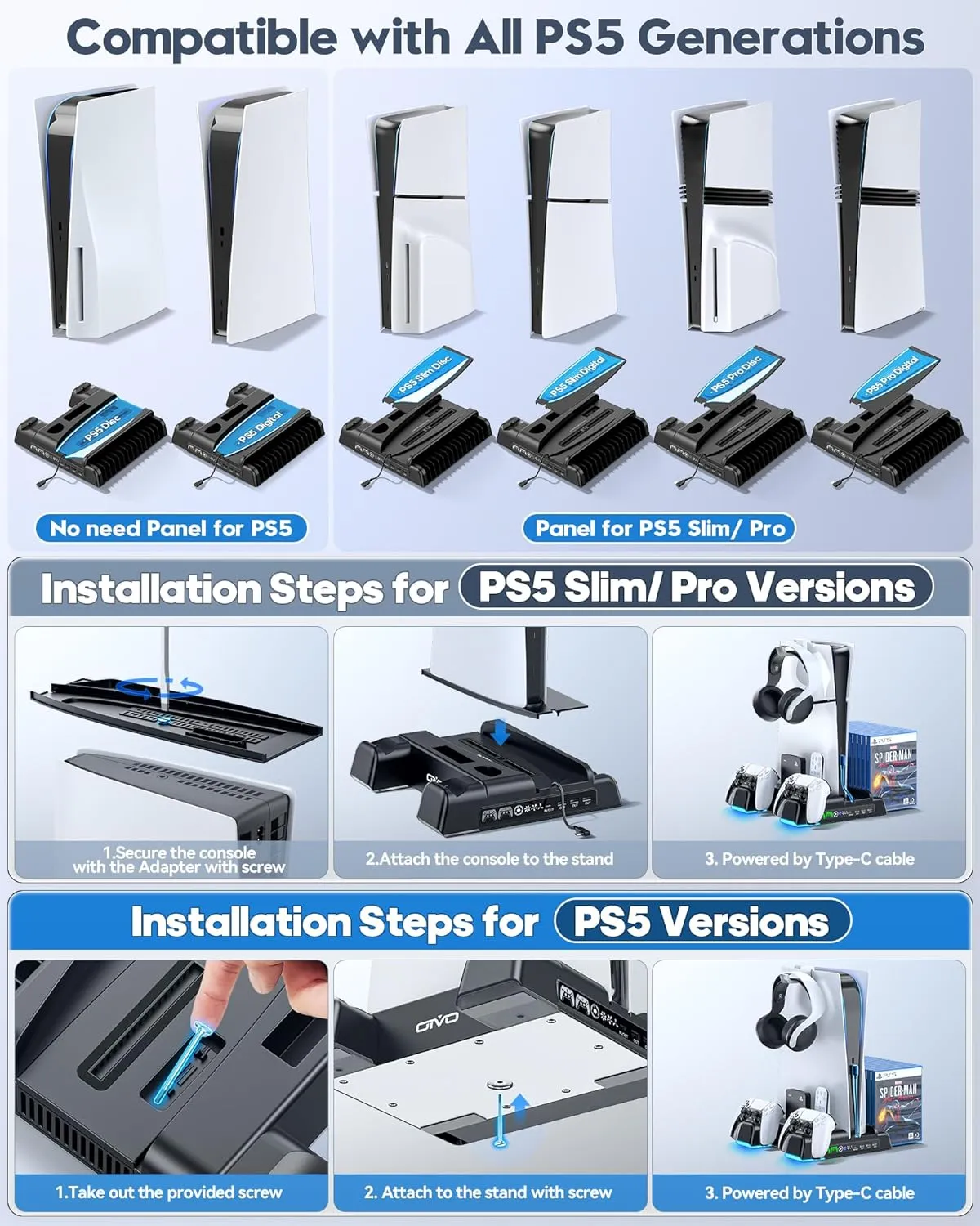 PS5/Slim/Pro Stand and Cooling Station with LED Controller Charging Station for PlayStation 5 Console, Controller Charger, Cooling Stand, PS5/Slim/Pro Accessories Kit with 3 Level Cooling Fan - Black
