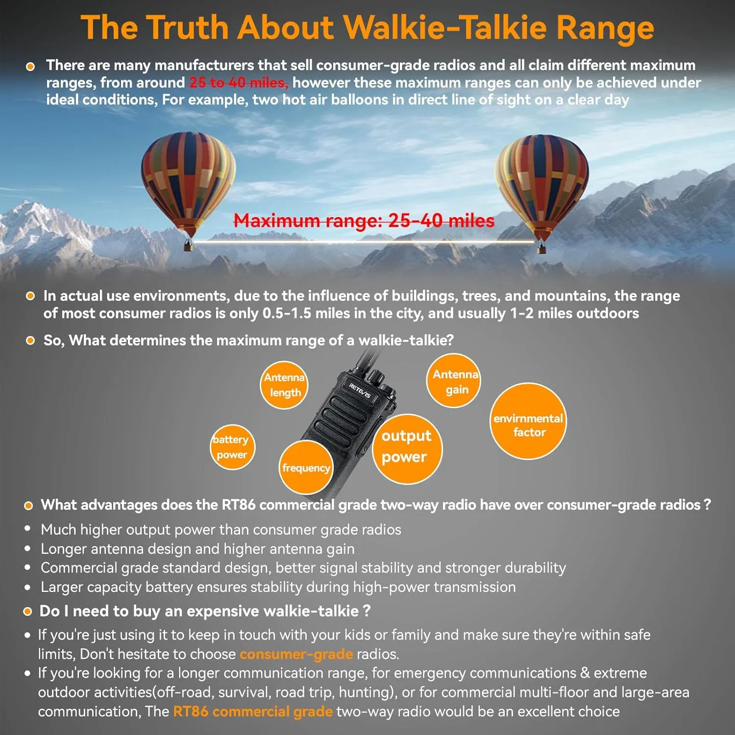 Retevis RT86 Emergency Two Way Radios Long Range,Professional Walkie Talkies with 2600mAh Rechargeable,Alarm,Flashlight,Shatterproof Display,Handheld 2 Way Radio for Off-Roading Overland Farm(2 Pack)