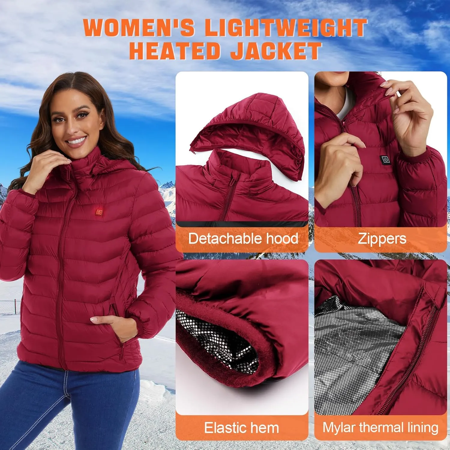 Womens heated jacket with 2pack 10000mAh Battery Pack, QTREE Lightweight Heated Coat with 8 Areas Heating