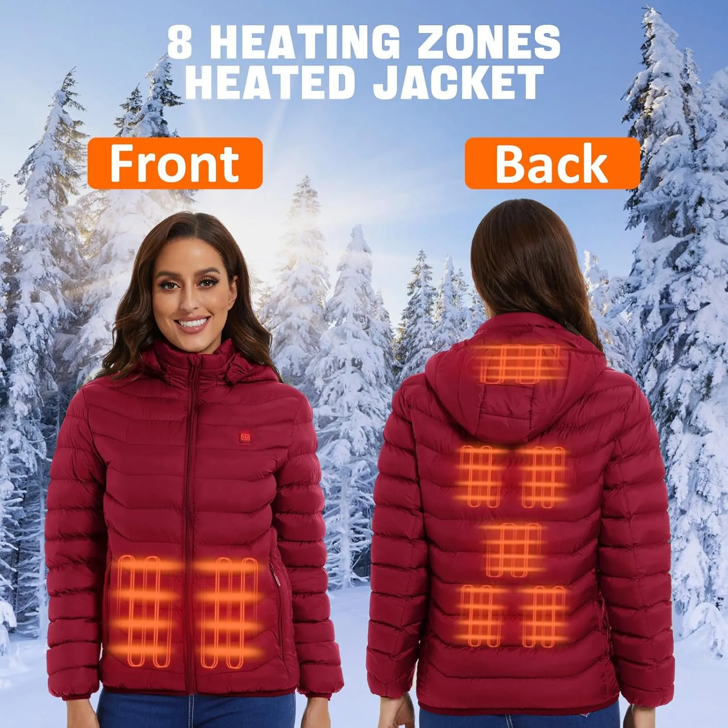 Womens heated jacket with 2pack 10000mAh Battery Pack, QTREE Lightweight Heated Coat with 8 Areas Heating