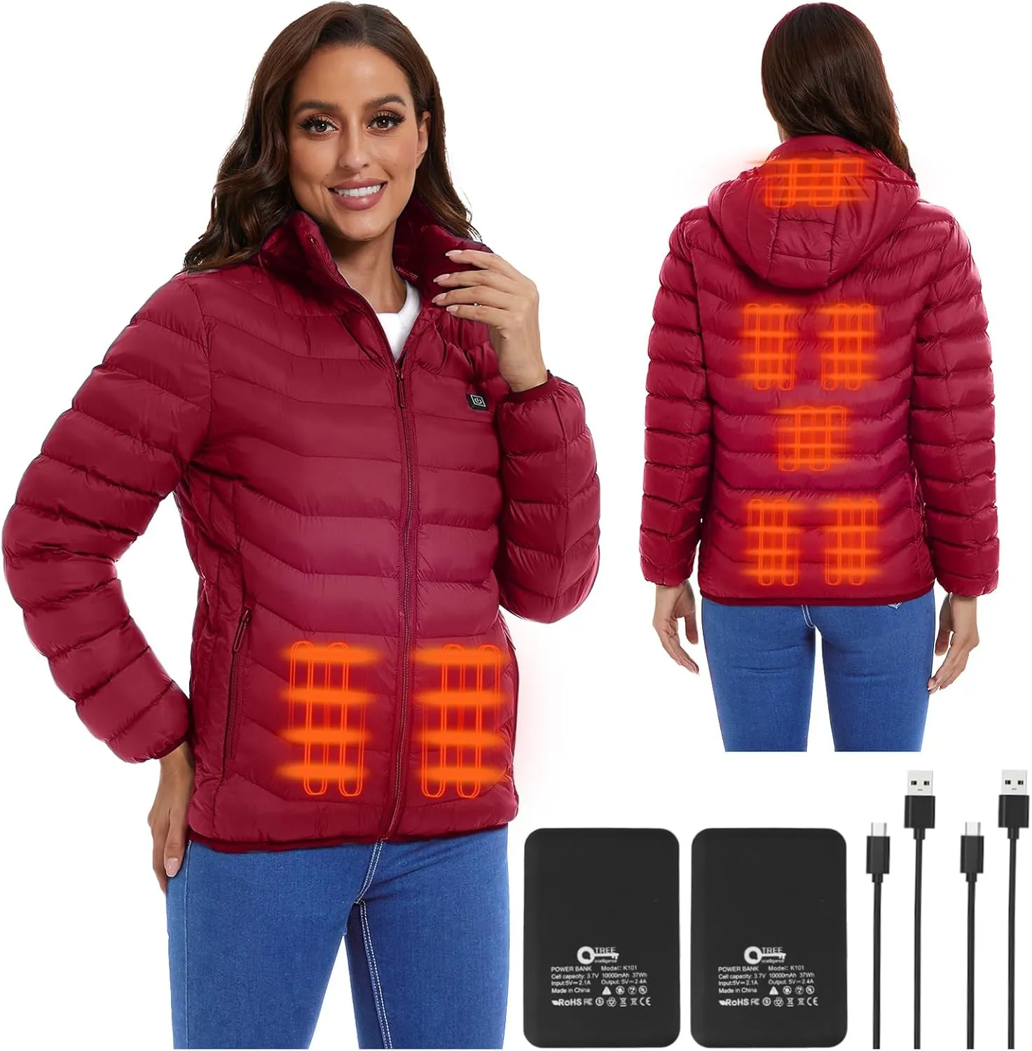 Womens heated jacket with 2pack 10000mAh Battery Pack, QTREE Lightweight Heated Coat with 8 Areas Heating