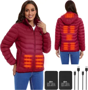 Womens heated jacket with 2pack 10000mAh Battery Pack, QTREE Lightweight Heated Coat with 8 Areas Heating