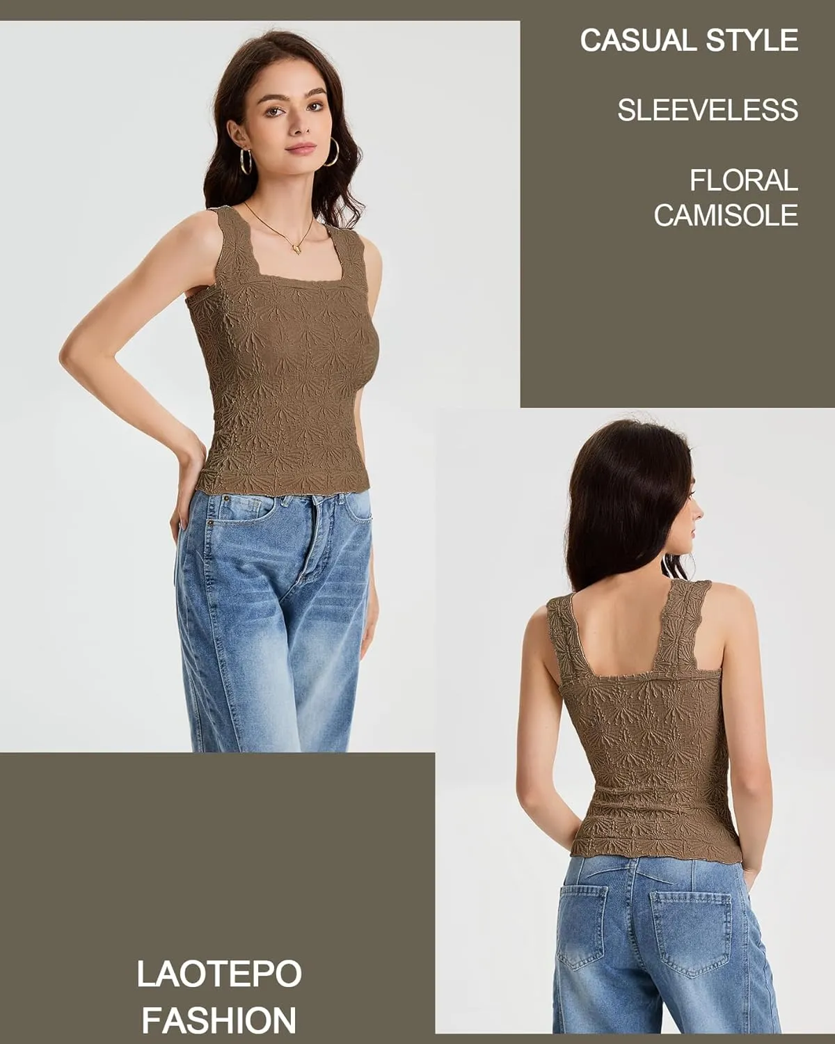 Women's Square Neck Wide Strap Crop Tank Tops Slim Fit Sleeveless Going Out Top Flower Lettuce Trim Cami Tops