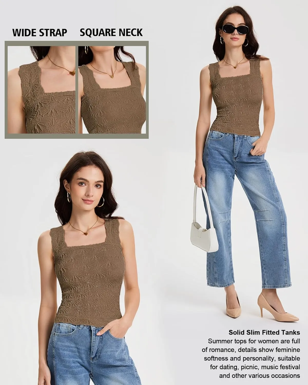 Women's Square Neck Wide Strap Crop Tank Tops Slim Fit Sleeveless Going Out Top Flower Lettuce Trim Cami Tops