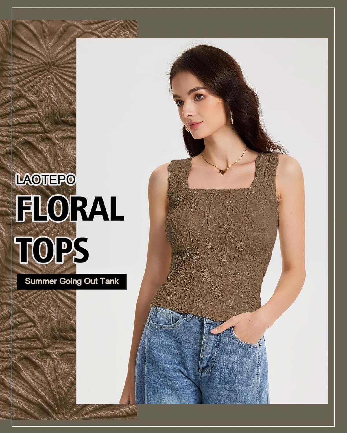 Women's Square Neck Wide Strap Crop Tank Tops Slim Fit Sleeveless Going Out Top Flower Lettuce Trim Cami Tops