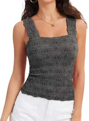 Women's Square Neck Wide Strap Crop Tank Tops Slim Fit Sleeveless Going Out Top Flower Lettuce Trim Cami Tops