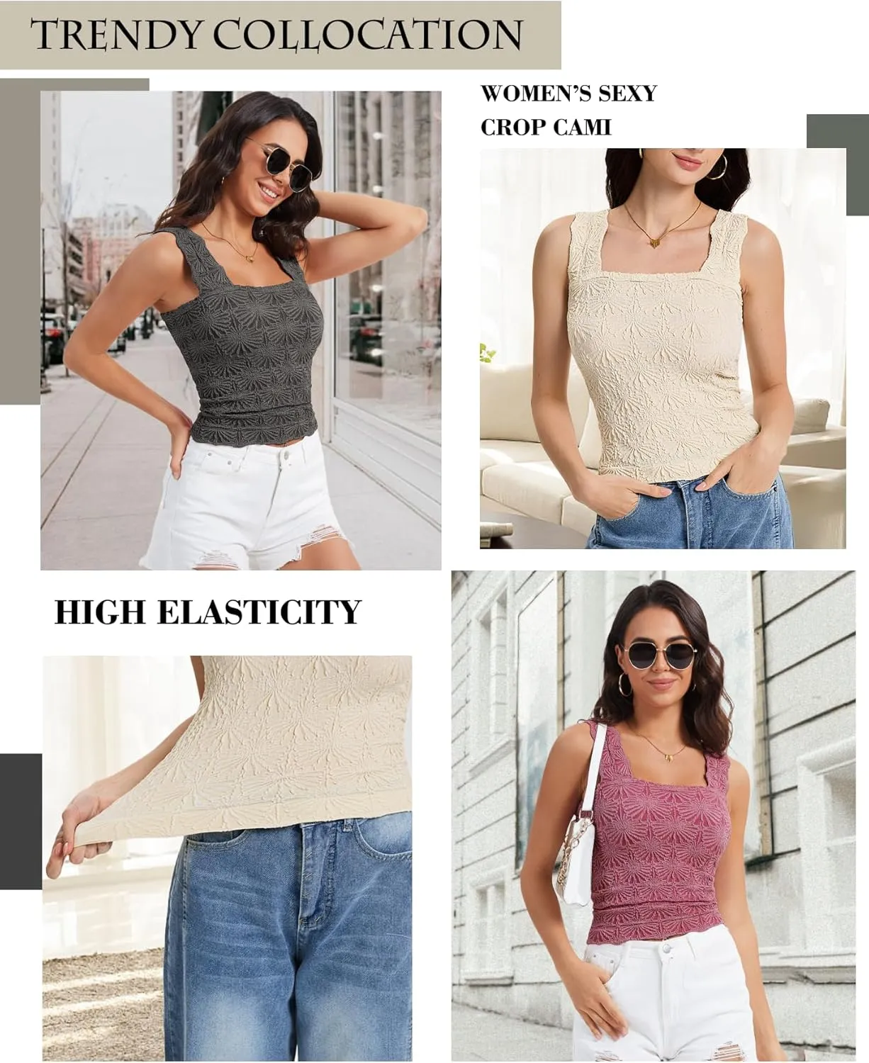 Women's Square Neck Wide Strap Crop Tank Tops Slim Fit Sleeveless Going Out Top Flower Lettuce Trim Cami Tops