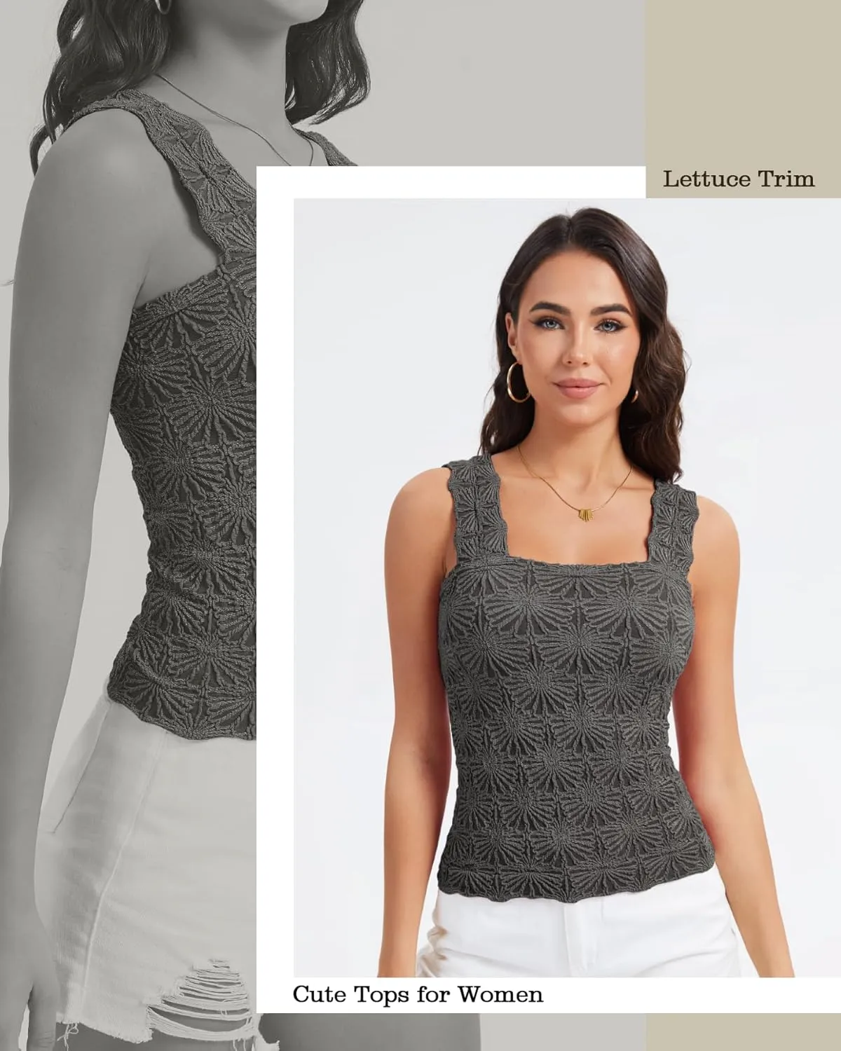 Women's Square Neck Wide Strap Crop Tank Tops Slim Fit Sleeveless Going Out Top Flower Lettuce Trim Cami Tops