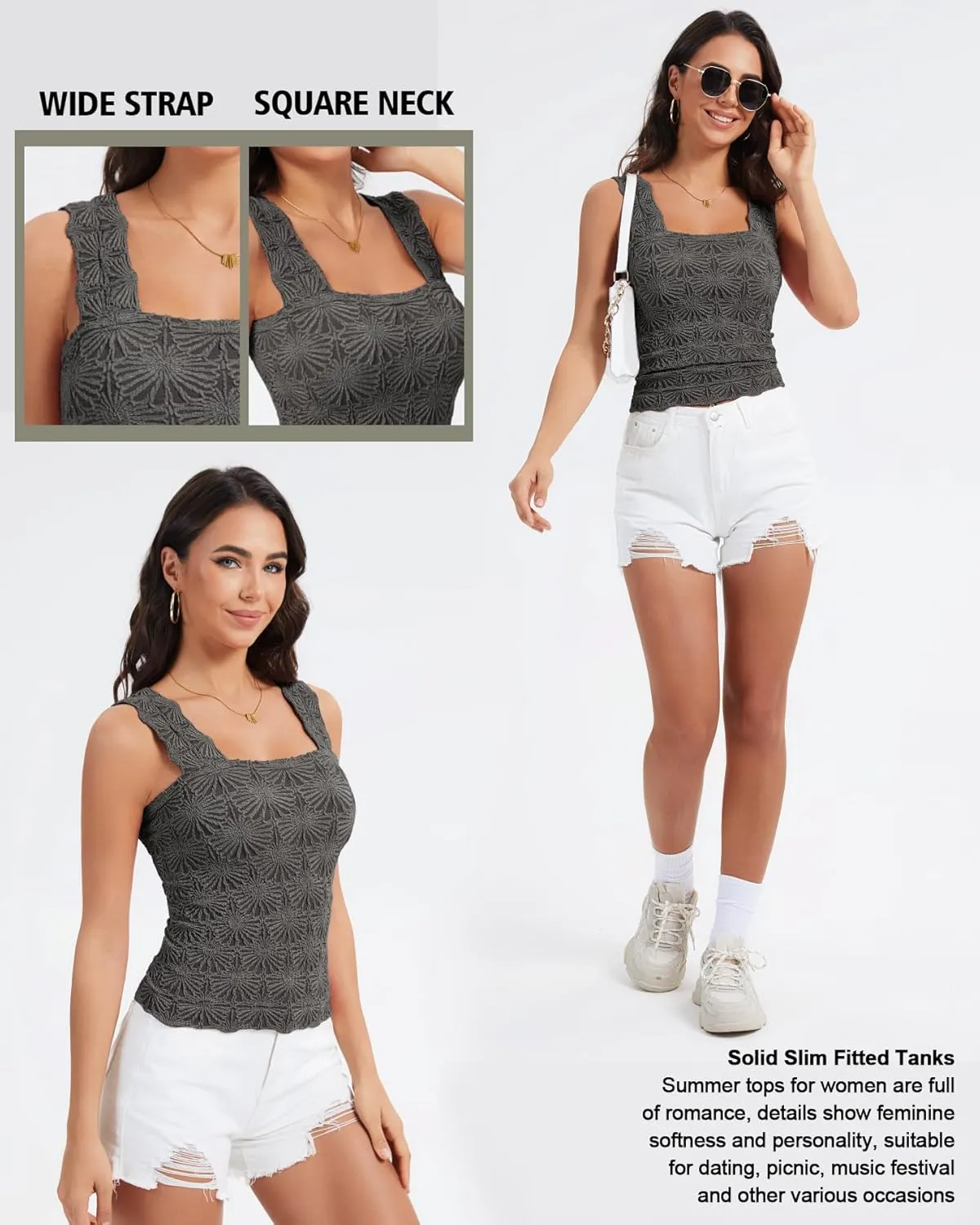 Women's Square Neck Wide Strap Crop Tank Tops Slim Fit Sleeveless Going Out Top Flower Lettuce Trim Cami Tops
