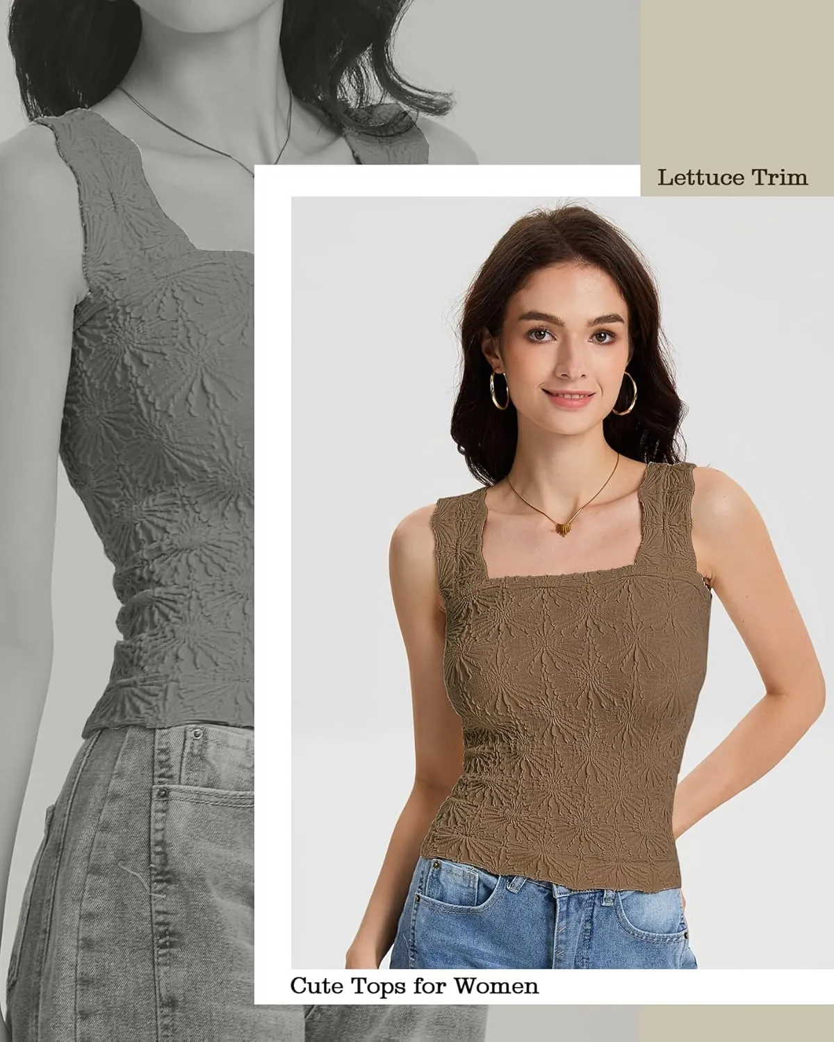 Women's Square Neck Wide Strap Crop Tank Tops Slim Fit Sleeveless Going Out Top Flower Lettuce Trim Cami Tops