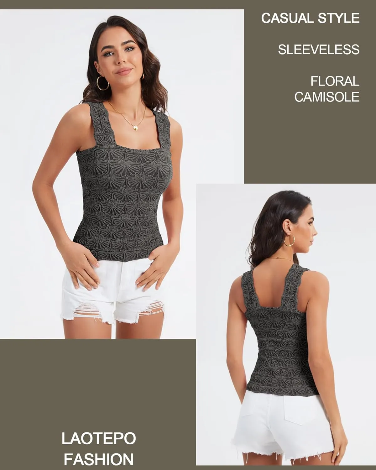 Women's Square Neck Wide Strap Crop Tank Tops Slim Fit Sleeveless Going Out Top Flower Lettuce Trim Cami Tops