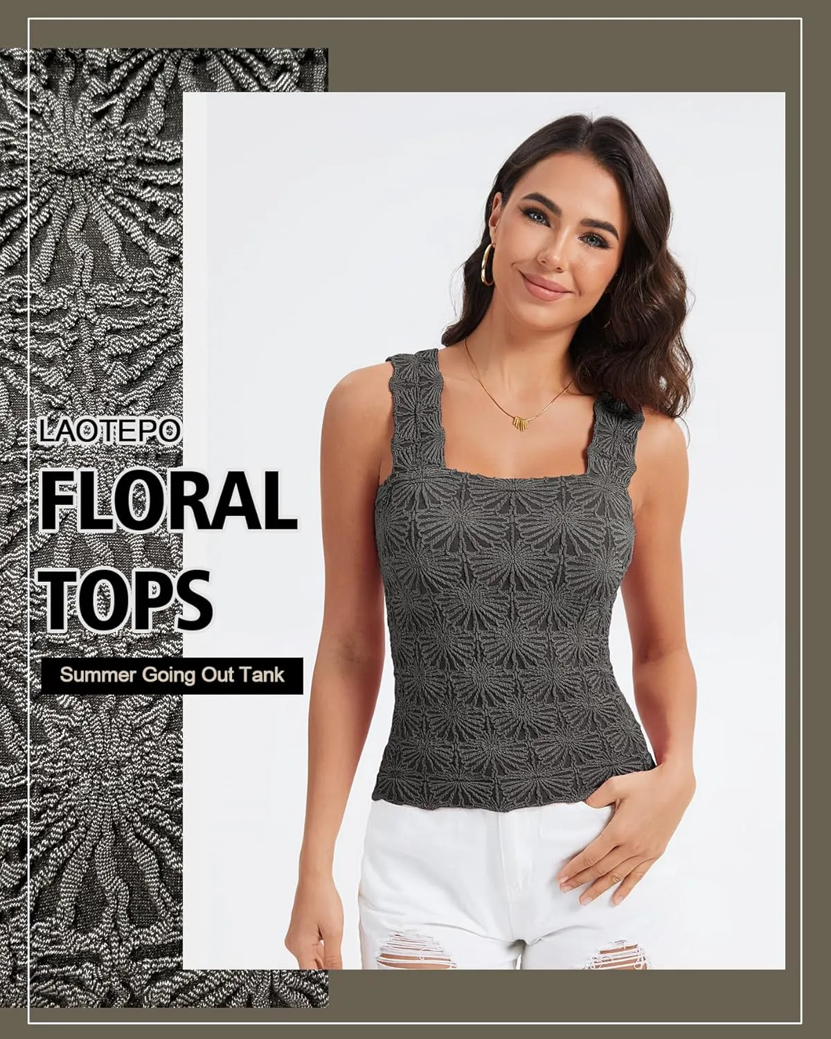 Women's Square Neck Wide Strap Crop Tank Tops Slim Fit Sleeveless Going Out Top Flower Lettuce Trim Cami Tops