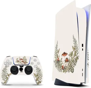 ZOOMHITSKINS Compatible with PS5 Skin, Vintage Beige Mushroom Forrest Botanic Durable, Bubble-Free, W/Disk Version, Precisely Cut